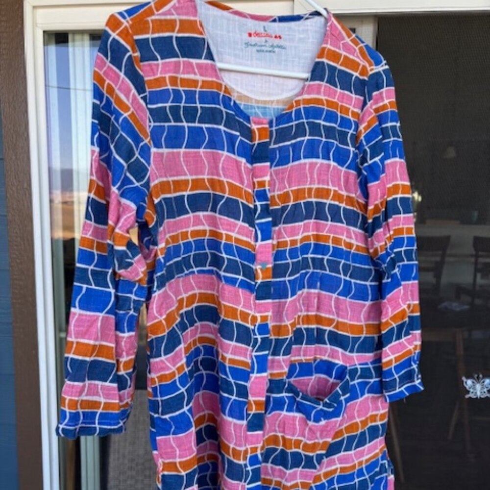 Gudrun Sjoden Dessau True Smock Blouse Pink Blue Pattern Top Lightweight Large
